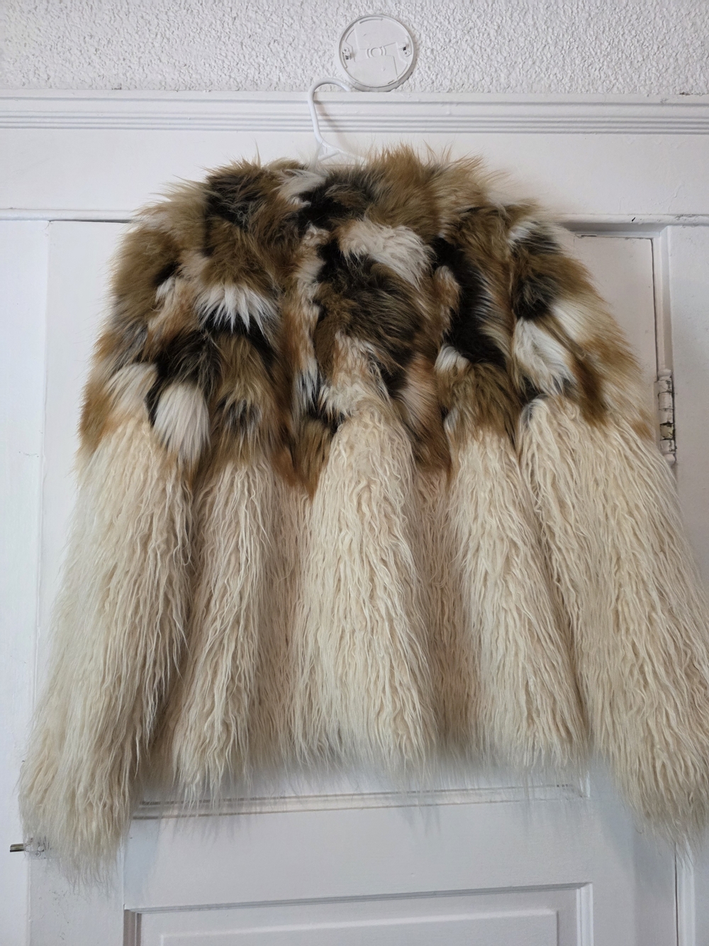 New York & Company Cream and Brown Faux Fur Patchwork Jacket - Picture 3 of 4